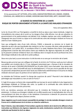 "Le silence du ministère de la santé risque de porter gravement atteinte à la santé des malades étrangers", communiqué de l'Observatoire du Droit à la Santé des Etrangers 