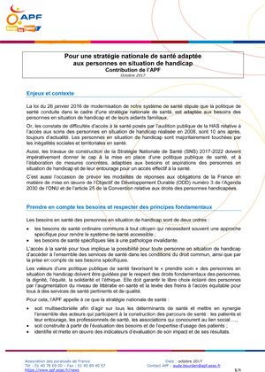 Pour une stratégie nationale de santé adaptée aux personnes en situation de handicap, contribution de l'APF